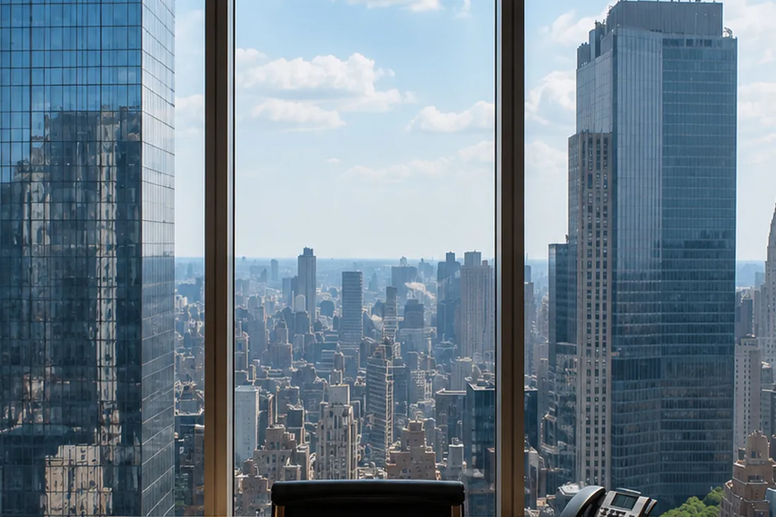 Escritório em andar alto com a cidade de Nova York pela janela.